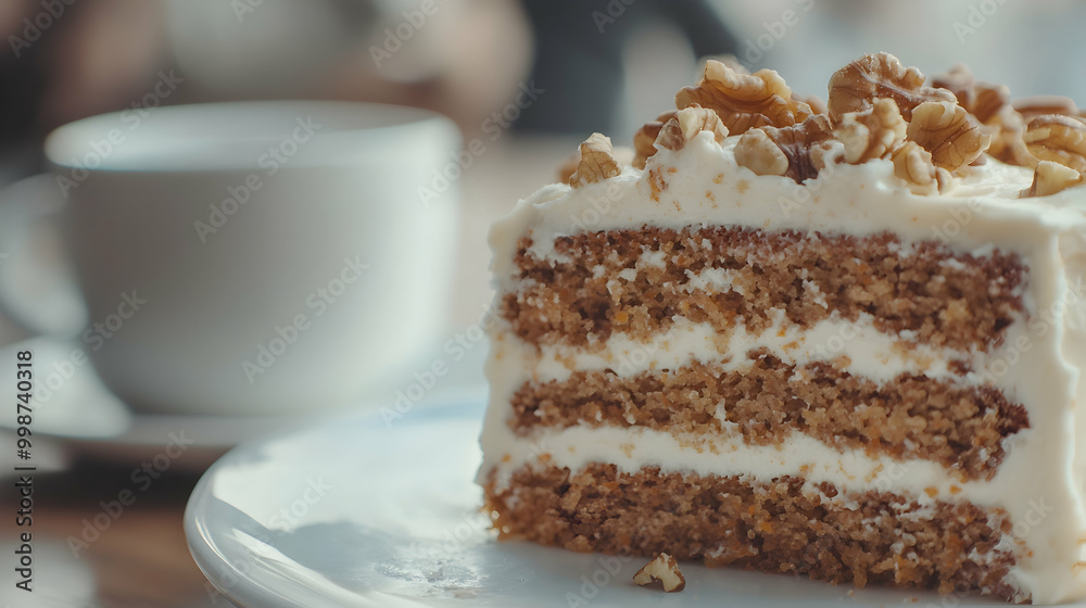 Walnut Topped Carrot Cake Slice on Plate - Food Photography Walnut Topped Carrot Cake Slice on Plate - Food Photography