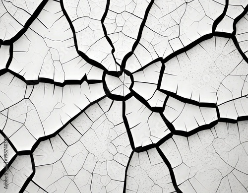 a close-up view cracked and weathered surface, with a black and white color scheme The cracks are irregular and jagged, creating a sense of fragmentation and disarray photo