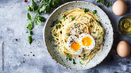 A modern food photography scene with quail eggs cracked open over a bowl of pasta, topped with Parmesan and fresh herbs photo