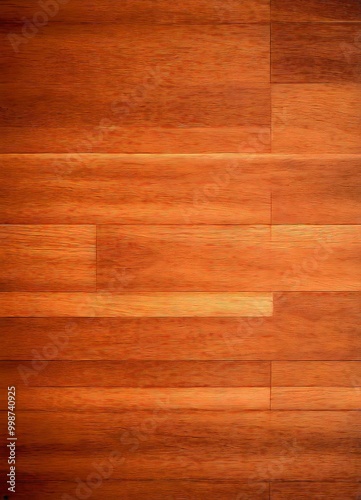 a close-up view of a wooden surface with a warm, natural wood grain texture. The color palette is dominated by shades of brown and orange, with occasional splashes of green