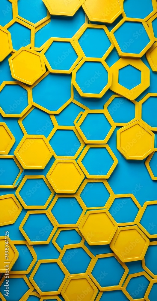a repeating pattern of yellow hexagonal shapes against a blue background, creating a visually striking and geometric design a repeating pattern of yellow hexagonal shapes against a blue background, creating a visually striking and geometric design
