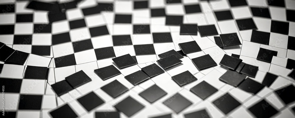 Fototapeta premium A black and white checkered pattern composed of numerous small square tiles, with some tiles missing or broken