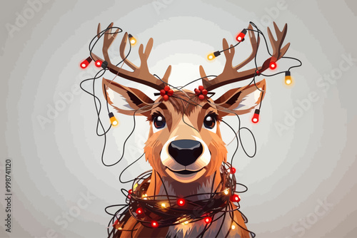 an annoyed cute reindeer tangled in christmas light, only the head of the reindeer is visible, blank white background