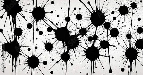 a black and white abstract pattern composed of numerous splatters and drips, creating a dynamic and visually striking composition photo