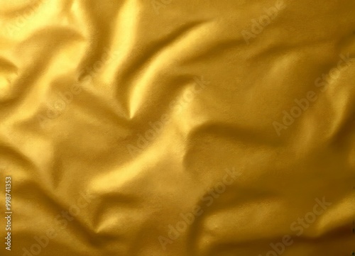 a close-up view of a crumpled, shiny gold fabric surface. The fabric exhibits a shiny, reflective texture, with folds and creases creating a dynamic and textured appearance.