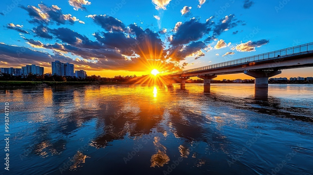 A serene riverside scene with a bridge and the soft golden light of sunset creating a peaceful ambiance A serene riverside scene with a bridge and the soft golden light of sunset creating a peaceful ambiance
