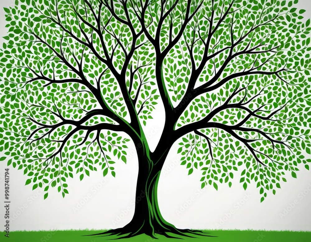 A stylized tree with a large trunk and numerous branches, featuring a mix of green and black leaf patterns, stands prominently against a white background A stylized tree with a large trunk and numerous branches, featuring a mix of green and black leaf patterns, stands prominently against a white background