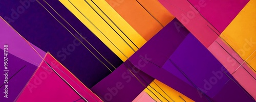 a vibrant abstract composition of intersecting lines and shapes in a variety of colors, including purple, yellow, orange, and pink, creating a dynamic photo