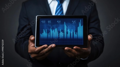 A businessman holds a tablet displaying financial data and graphs for analysis.