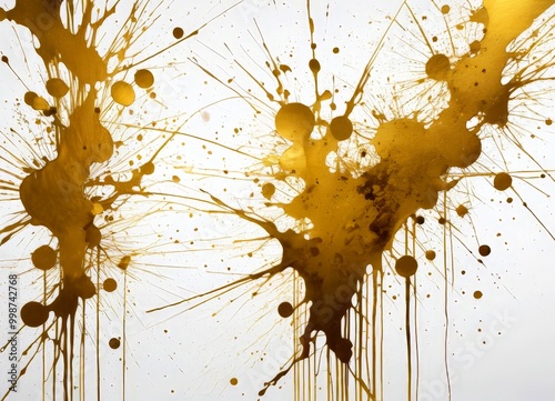 an abstract art piece with splashes of gold paint against a white background The splashes are scattered in various directions, creating a dynamic and energetic composition