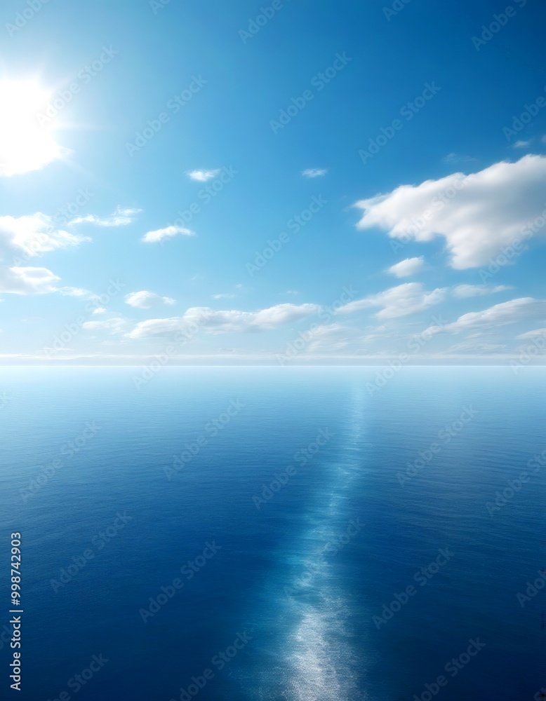 A serene vast, calm ocean under a clear blue sky with scattered clouds, captured from a high vantage point A serene vast, calm ocean under a clear blue sky with scattered clouds, captured from a high vantage point