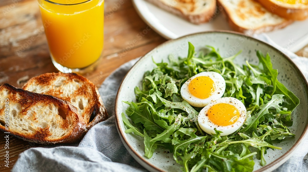 Quail eggs resting on a bed of fresh arugula, served alongside a plate of crispy toast and a glass of freshly squeezed orange juice Quail eggs resting on a bed of fresh arugula, served alongside a plate of crispy toast and a glass of freshly squeezed orange juice