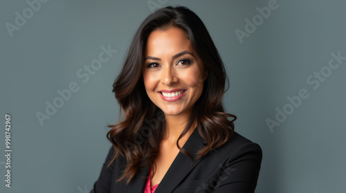 Confident Hispanic Woman Professional Headshot: Vibrant Portrait of Successful Business Women in Natural Light Setting