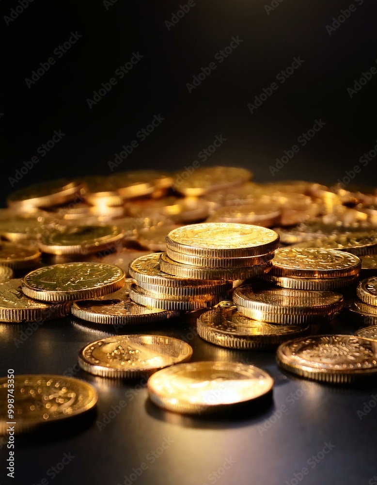 A detailed image of gold coins scattered on a black surface, shining brightly, wealth and prosperity success business A detailed image of gold coins scattered on a black surface, shining brightly, wealth and prosperity success business