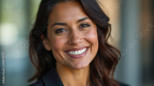 Vibrant Professional Business Portrait of Confident Woman in Corporate and Leadership Role | Smiling, Empowered, and Successful Female Executive in Office Setting