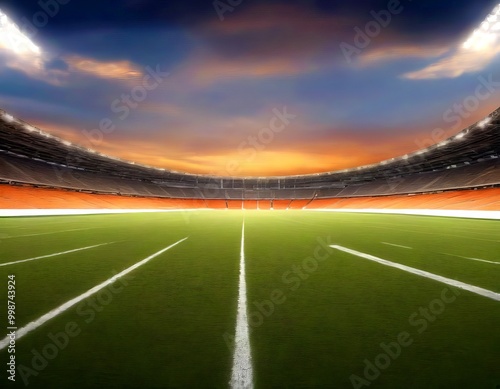 a football stadium with a vibrant sunset sky in the background, creating a dramatic and visually appealing scene photo