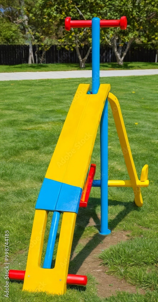 A colorful children's playground equipment, including a yellow slide, blue and red swing set, and a red and blue seesaw, is situated on a grassy area with trees in the background A colorful children's playground equipment, including a yellow slide, blue and red swing set, and a red and blue seesaw, is situated on a grassy area with trees in the background