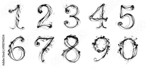 Black smoke numbers cutout set collection. 1 2 3 4 5 6 7 8 9 0. Transparent background PNG. photo