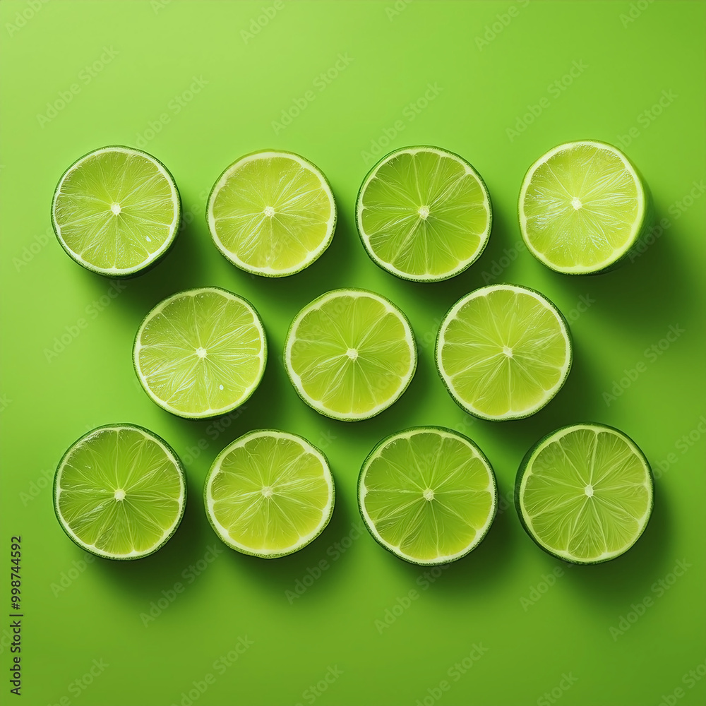 Several slices of lime on a bright green background Several slices of lime on a bright green background