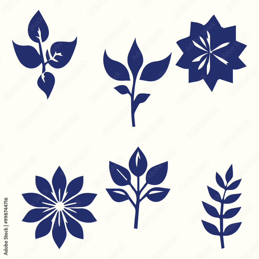 Obraz premium Blue flower vector set design with floral illustration and butterfly elements