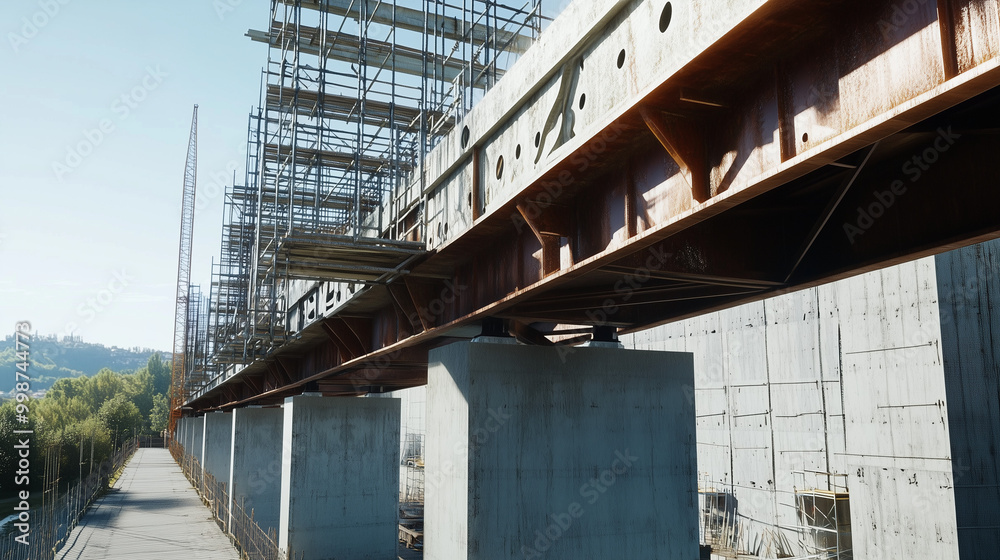 Steel beams and scaffolding at a bridge under construction Steel beams and scaffolding at a bridge under construction