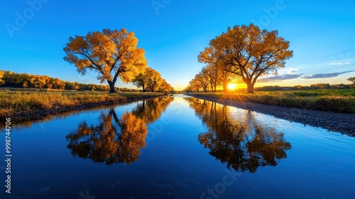 A tranquil riverside scene with trees reflecting in the water and the golden hour light casting a warm glow