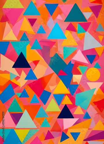 a vibrant abstract composition featuring overlapping triangles in various colors, including shades of pink, orange, yellow, blue, and green, creating a dynamic photo