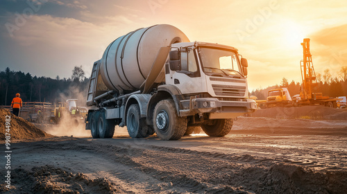 Cement mixer truck on construction site at sunset photo