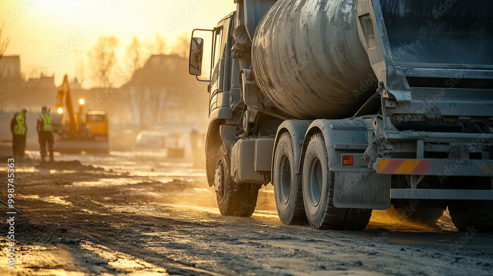 Cement truck at construction site with workers at sunrise Cement truck at construction site with workers at sunrise