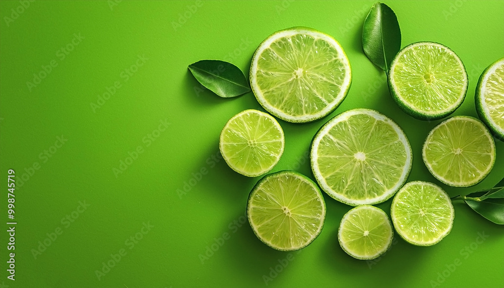 Several slices of lime on a bright green background Several slices of lime on a bright green background