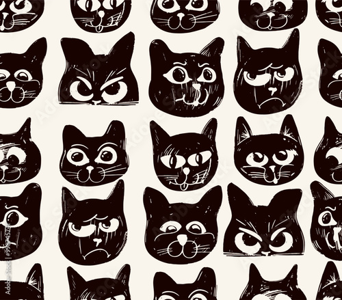 Cat seamless Pattern Halloween. Vector isolated wallpaper background cartoon. Seamless pattern crayon drawn various cat faces. Different emotions of cat texture for fabric, textile, wallpaper, apparel