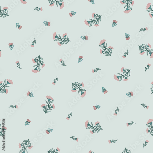 Ditsy Pink Flowers Scattered on a Soft Teal Background creating a seamless pattern print background