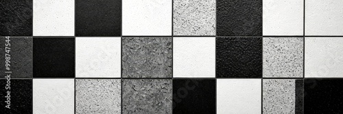 A close-up black and white checkered pattern, composed of square tiles with varying textures and colors photo