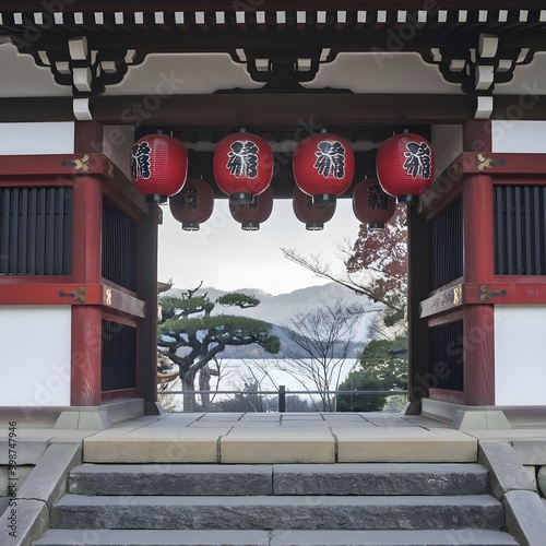 traditional Japanese temple gate with red lanterns hanging above. ,generative ai 