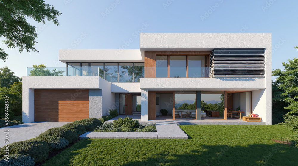Fototapeta premium Modern Luxury Home Exterior Design: Sleek Architecture with Glass Elevations and Stylish Louver Facades