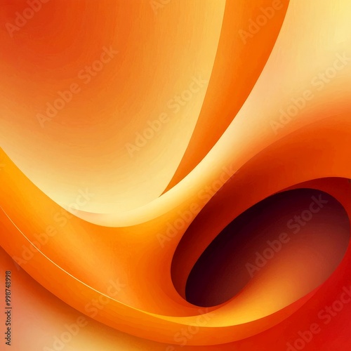 a vibrant abstract composition of orange and yellow hues, with a central dark shape that appears to be a void or a hollow space The colors are predominantly warm, creating photo