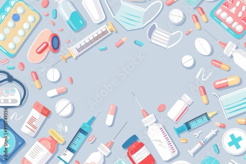 Medical Supplies and Pills on Blue Background.