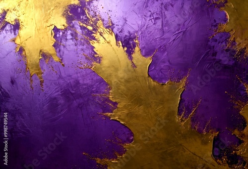 a close-up view textured purple and gold abstract painting The painting features a mix of dark purple and gold areas, with gold splatters and drips creating a dynamic photo