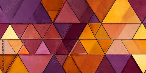 a geometric pattern composed of overlapping triangles in various shades of purple, orange, and yellow, creating a visually striking and abstract design photo