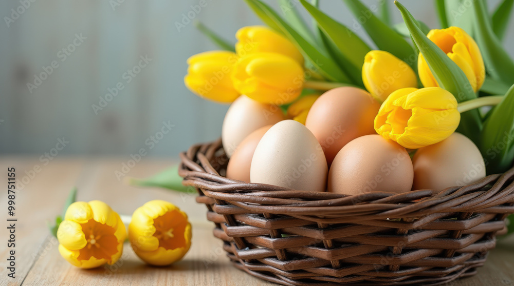 Beautiful Easter Themed Photo with Eggs in Basket and Yellow Tulips for Spring Celebrations and Decor Beautiful Easter Themed Photo with Eggs in Basket and Yellow Tulips for Spring Celebrations and Decor