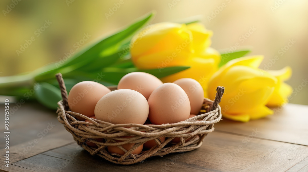 Beautiful Easter Themed Photo with Eggs in Basket and Yellow Tulips for Spring Celebrations and Decor Beautiful Easter Themed Photo with Eggs in Basket and Yellow Tulips for Spring Celebrations and Decor