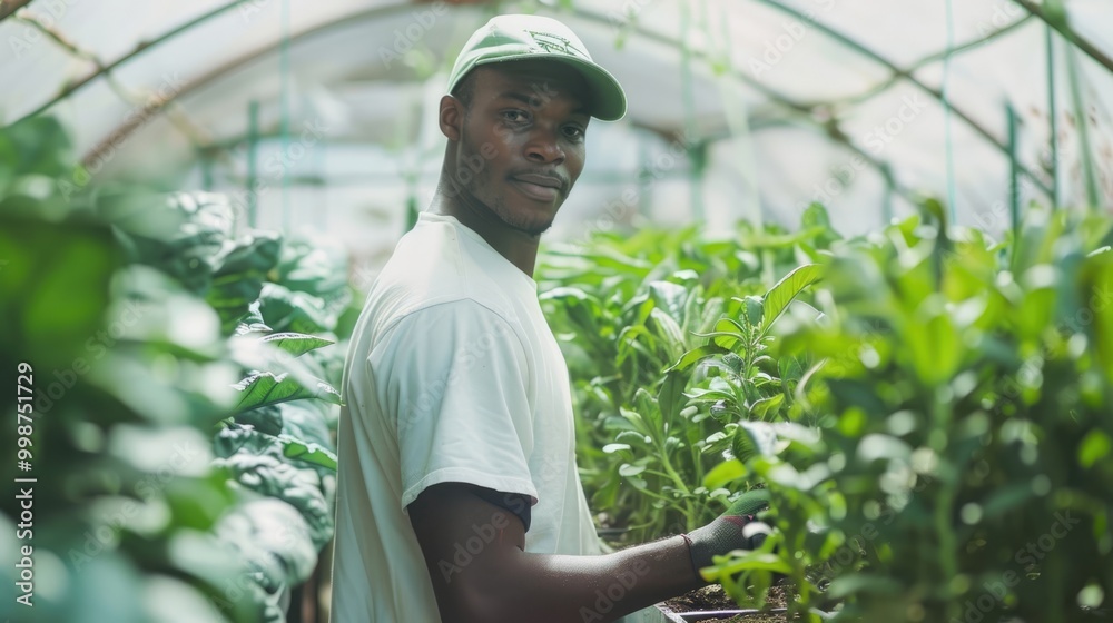 Man in a large industrial greenhouse with fresh natural plants. Concept of growing healthy food, diet, vegetarianism and technology. AI generated. Man in a large industrial greenhouse with fresh natural plants. Concept of growing healthy food, diet, vegetarianism and technology. AI generated.