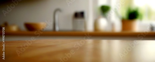 A wooden table in the foreground with a blurred background of kitchen items, including a sink, plant, and bowls