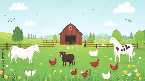 Livestock such as cows, horses, and chickens in a farmyard surrounded by green fields and a barn, Farmyard Animals, Flat countryside