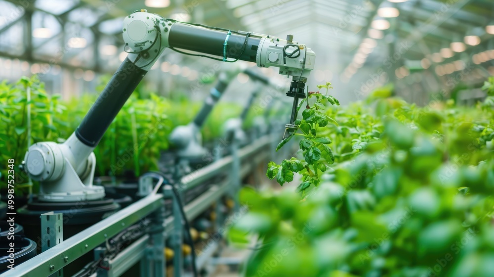 Robots working in industrial greenhouse with fresh natural plants. Concept of growing healthy food, diet, vegetarianism and technology. AI generated. Robots working in industrial greenhouse with fresh natural plants. Concept of growing healthy food, diet, vegetarianism and technology. AI generated.