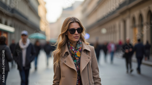 Fashionable Woman Walking in Milan: Street Style and Urban Fashion Trend in European City Street