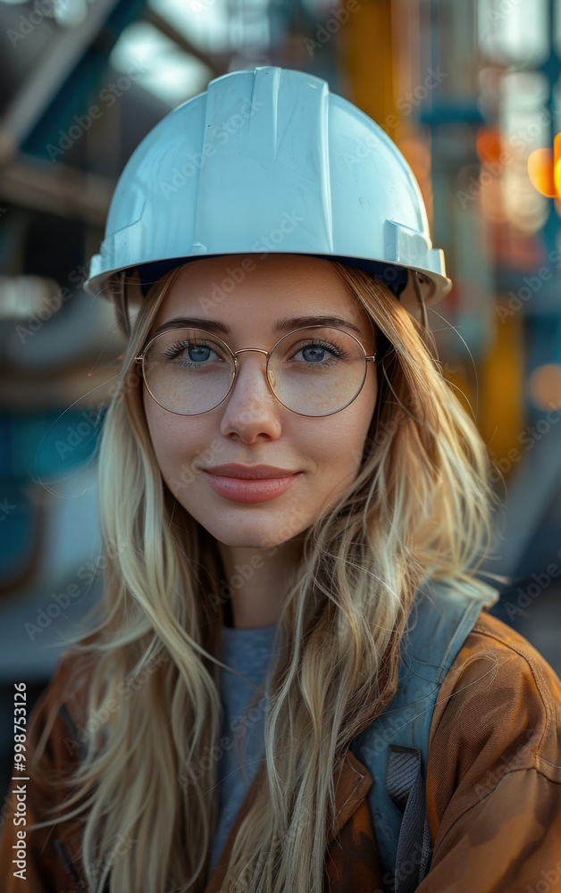 A woman wearing a white helmet and glasses is smiling. She is wearing a brown jacket and a backpack A woman wearing a white helmet and glasses is smiling. She is wearing a brown jacket and a backpack