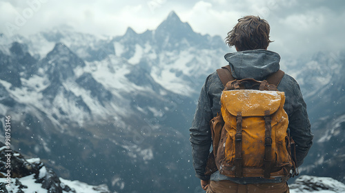 A Hiker with a Backpack Standing on the Top of a Mountain 