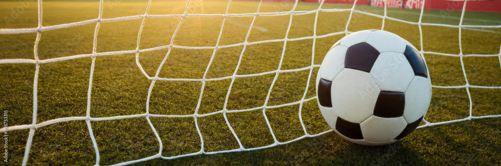 Soccer ball resting inside the net, with sunlight filtering through, symbolizing the aftermath of a goal and the excitement of victory in sports Soccer ball resting inside the net, with sunlight filtering through, symbolizing the aftermath of a goal and the excitement of victory in sports