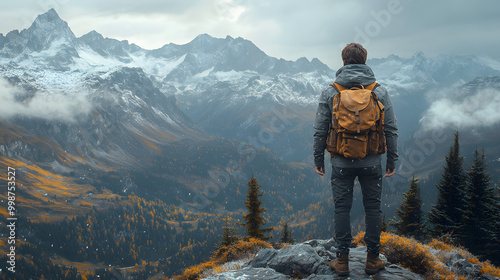 A Hiker with a Backpack Standing on the Top of a Mountain 